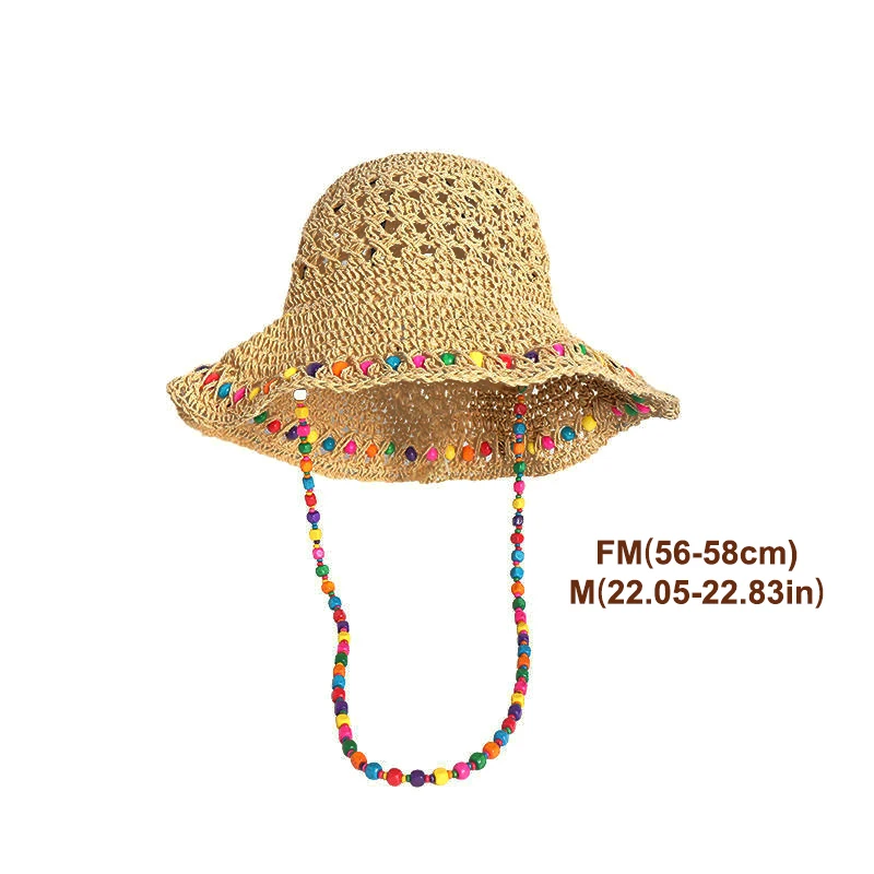 Retro Versatile Hollow Big Brim Beach Straw Hat Foldable Boho Colored Beads Straw Summer Beach Travel Sunscreen Bucket Hat