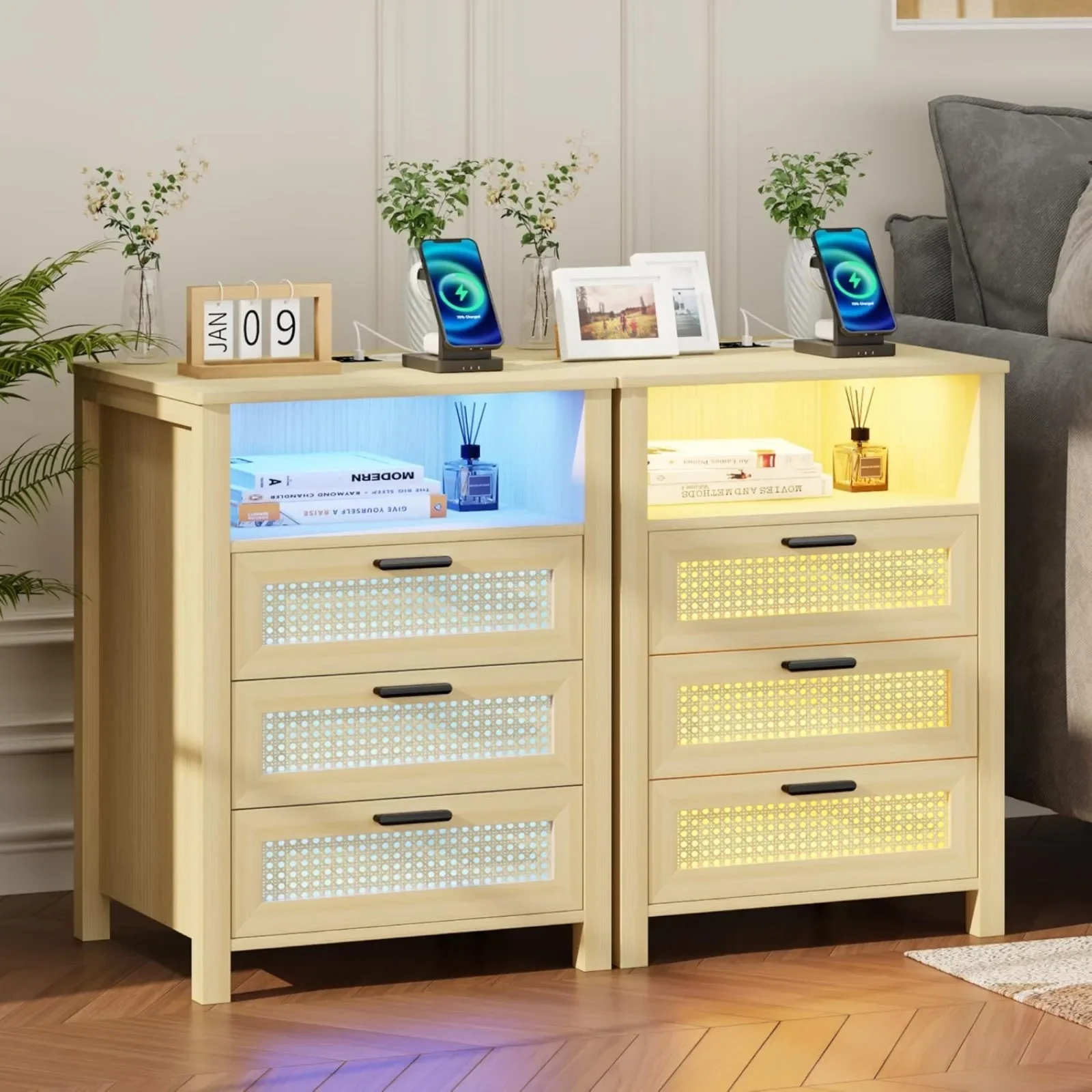 US Rattan Nightstand with Charging StationNight Stand with 3 DrawersandOpenShelfBed Side Table with LED LightsforBedroom Living