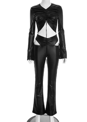 قطعتين مجموعة النساء الزي 2025 ربيع الخريف فو الجلود الرباط مطوي المحاصيل الأعلى و عالية الخصر جوفاء متوهج فستان أطفال مع سروال داخلي