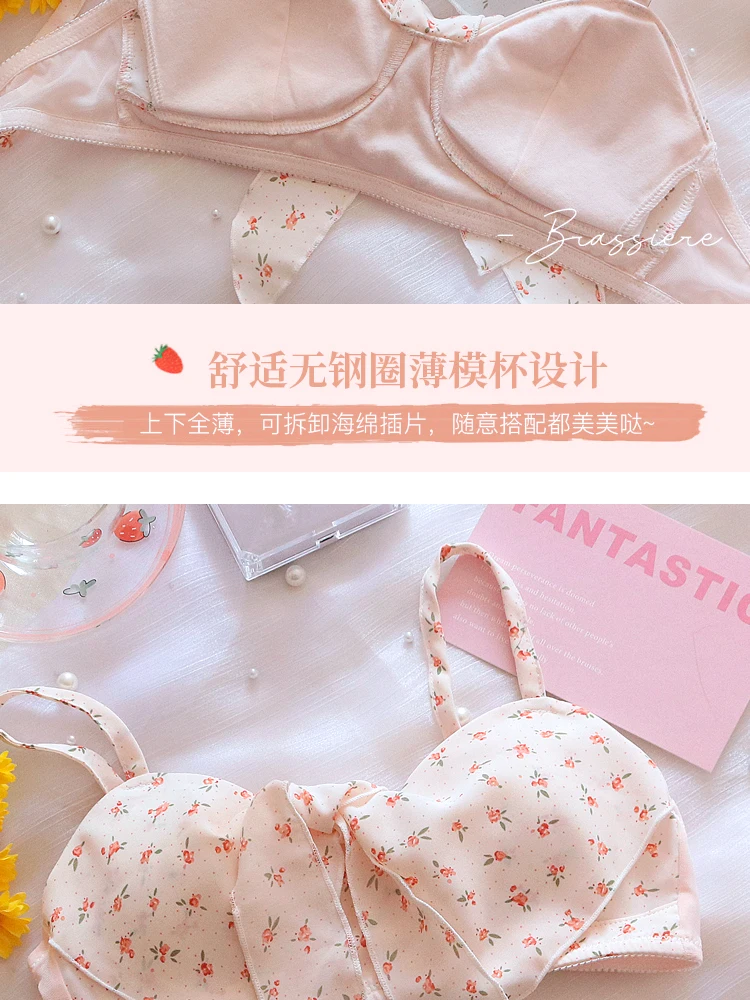 Cute and sweet bra and panty set Japanese lolita bralette chiffon floral bow comfortable lingerie summer thin girls underwear se