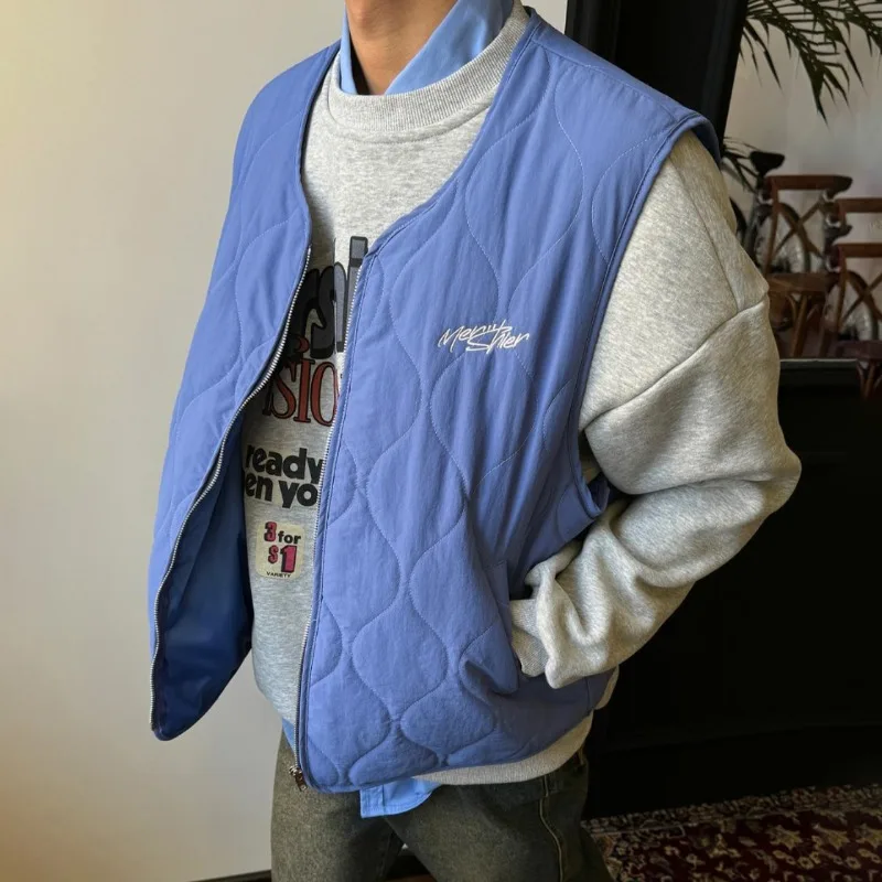 Autumn Winter New Japanese Retro Cotton Padded Vest Men Lightweight Blue Outer Layer Sleeveless Jacket Unisex Highstreet Parkas
