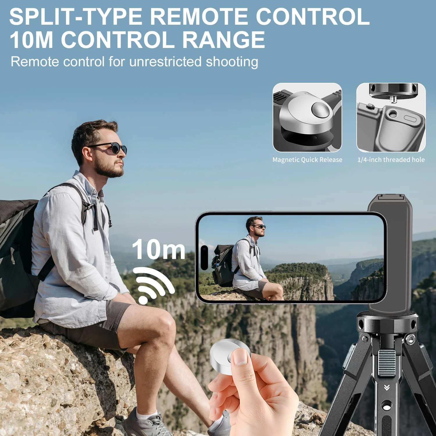 

Magnetic photography grip for iPhone/Samsung/Huawei +carabiner, bottom 1/4 screw, adjustable handle & camera cold shoe mount