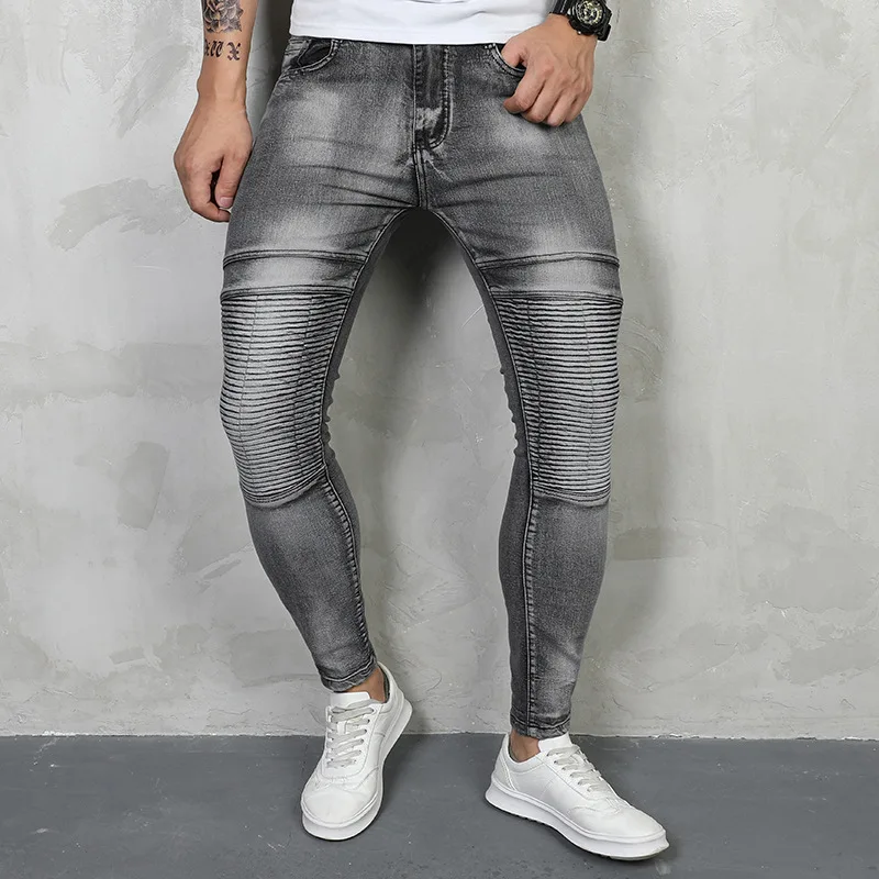 High Quality New Arrival Men's Skinny Cowboy Pants Kpop Korean Style Pleated Design Stretch Grey Motorcycle Riding Jeans for Men