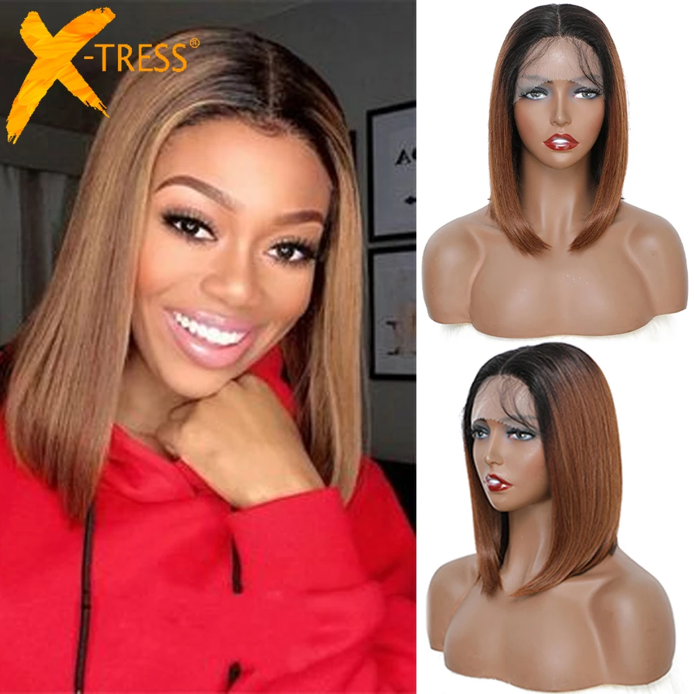 

Bob Straight Synthetic Lace Front Wigs Ombre Brown Super Soft Natural Hair Wig With Baby Hair X-TRESS Black Women's Hairstyle