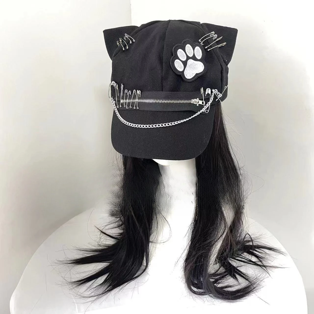 Subculture Punk Black Cat Ear Hat Gothic Safety Pin Chain Zipper Decorations Cool Caps Harajuku Y2K Girl Dark Paw Beret Spring