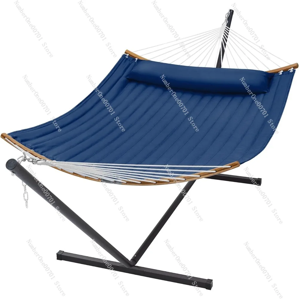 Curved-Bar Hammock with Stand, 2 Person Heavy Duty Hammock Frame, Detachable Pillow, Navy Blue Hammock