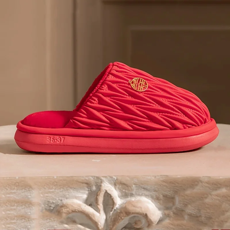 ZUOFU Unisex Red Wedding Couple Plush Cotton Slippers, Autumn Winter Warm Soft Sole Non Slip Indoor Home Closed Toe Shoes - view 4