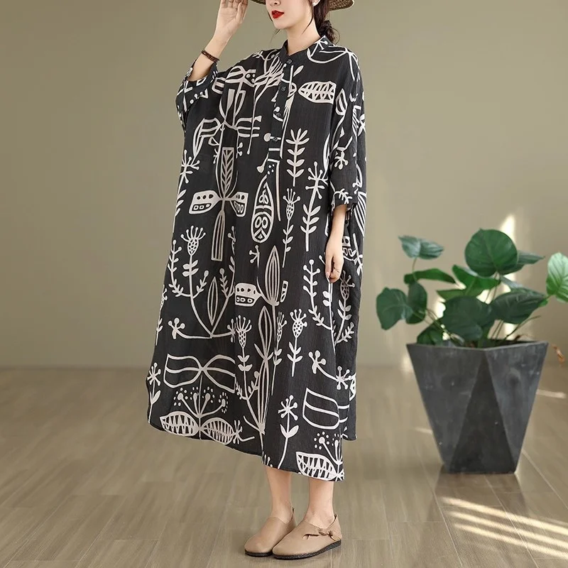 Otoño nuevo estilo artístico Retro algodón y cáñamo impreso cuello alto suelto Extra grande vestido de vacaciones W371