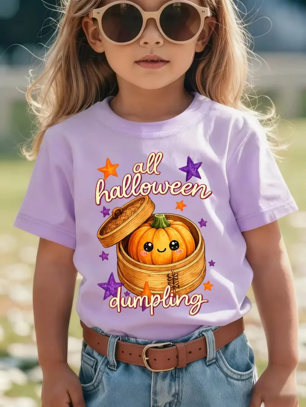 Girls T-Shirt Cute Pumpkin Dumpling Bamboo Steamer Cartoon Graphic Boys Girls Summer Crew Neck Casual Tee Halloween Party Gift