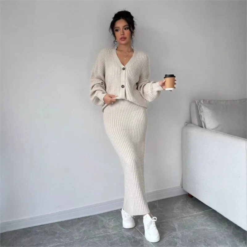 Womens Knitted Sweater Long Skirt Two Pieces Set Casual Wear New Sweater Coat Package Hip Skirt Winter 2025 Cardigan Sweater