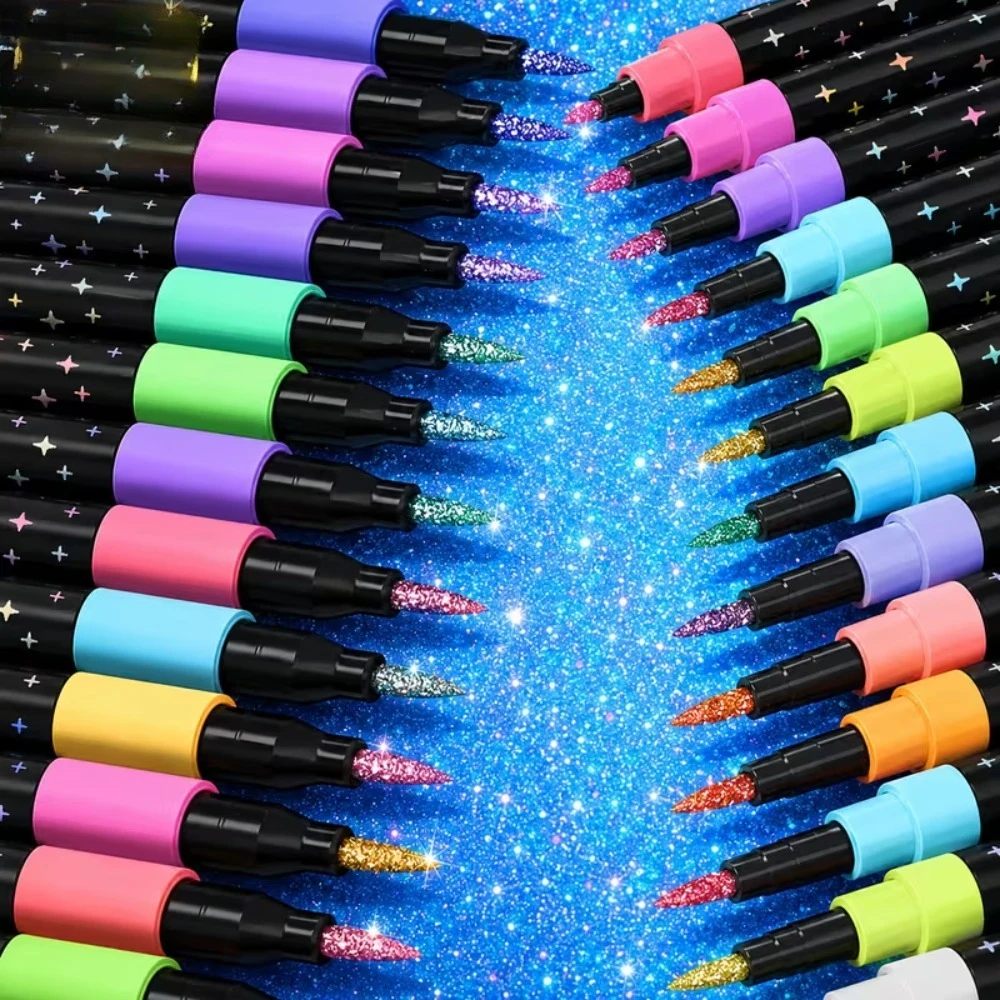 Color Double-Ended Glitter Color Pens Quick-Drying Glue-Like Ink Fine Point Tip Base Scrapbook,Card Make,Glitter Marker Set