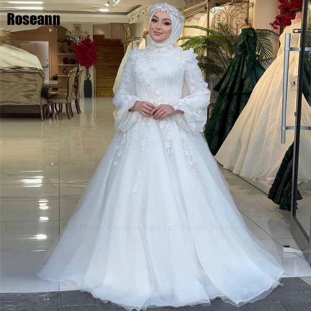 

Muslim Fashion High Collar A-line Wedding Dresses Full Tulle Applique Draped Pleat Floor Length Bride Dress robe de mariée