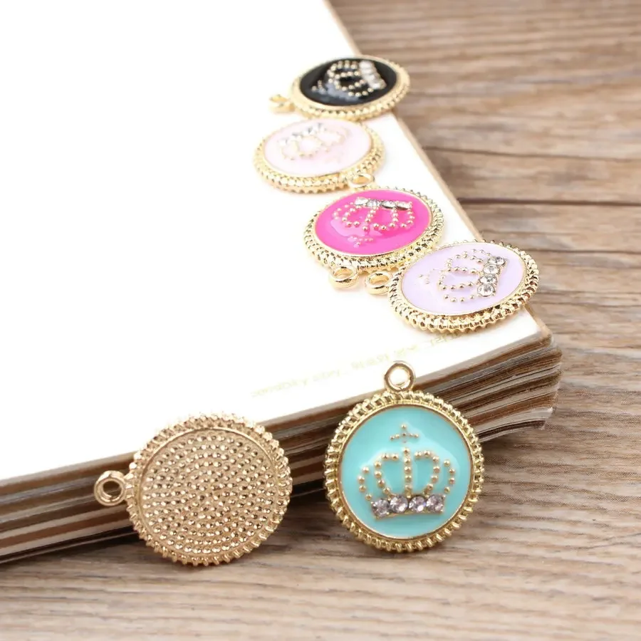 10pcs/lot Enamel Oil Dripping Alloy Small Pendant Bracelet  Accessories Point Rhinestone Crown Disc