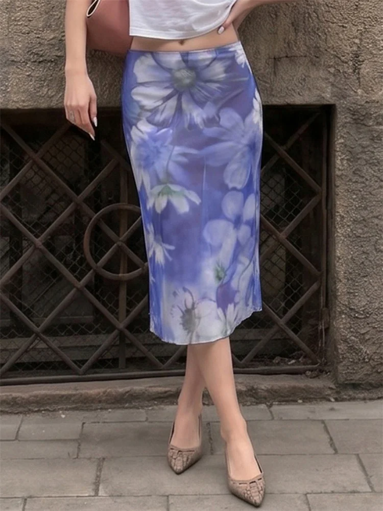 Tossy Elegant Blue Flower Printed Mesh Skirt with Lining Sexy Low Rise Lettuce Hem Straight Skirts for Women Casual Outfits 2026