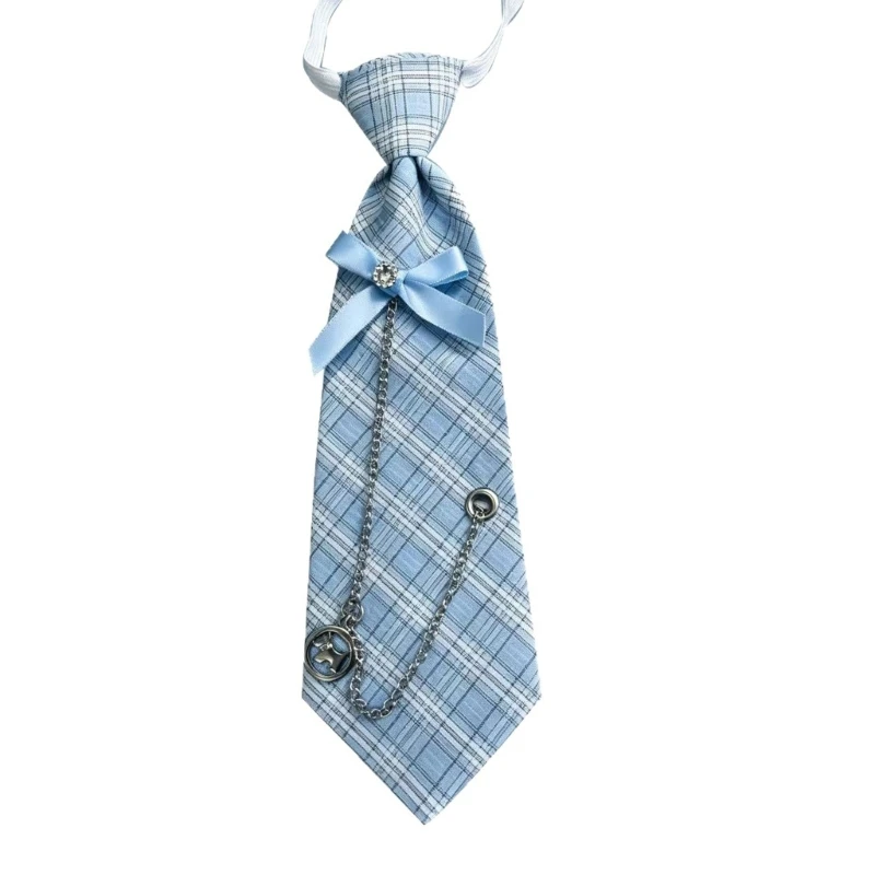 Child Party Outfit Tie in Light Blue Checked Fabric, No-Knot Necktie with Ribbon Accent and Adjustable Neck Strap D0UB