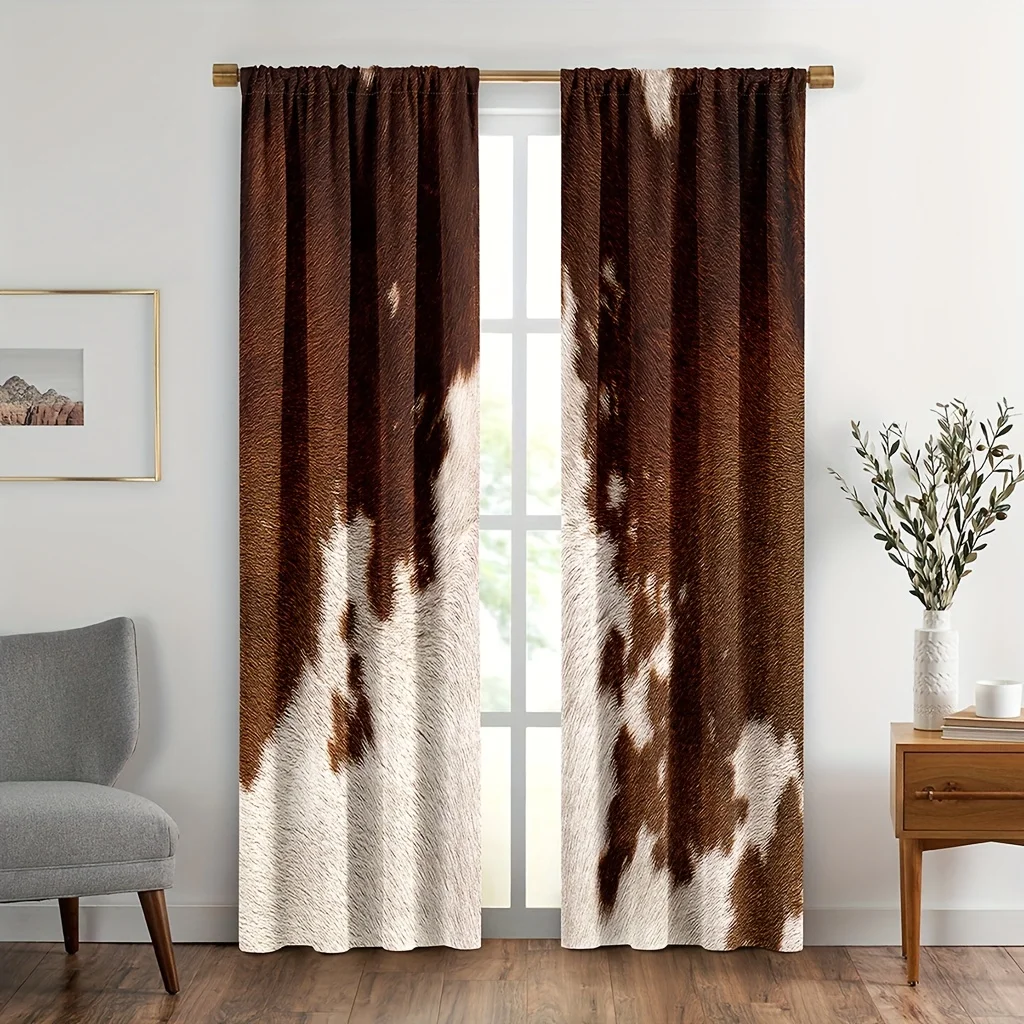 Rustic Farmhouse Cow Print Curtains Panel Pair Brown and White Animal Print Window Curtains for Living Room Home Decor