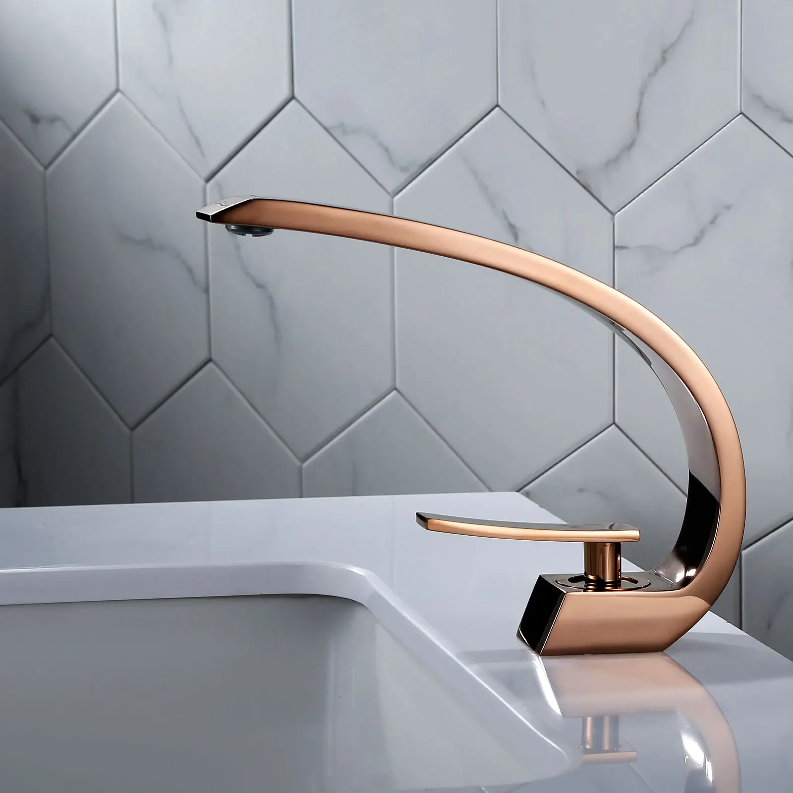 

Rose Gold Bathroom Sink Faucet with Supply Hose Unique Design Single Handle Single Hole Lavatory Faucet Basin Mixer Tap