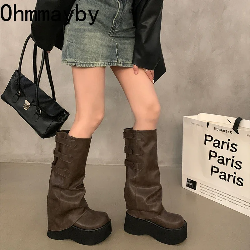 Punk Style Belt Buckle Long Knee-High Women Boots Fashion Platform Heels Shoes Autumn Winter Slip On Party Botas Mujer