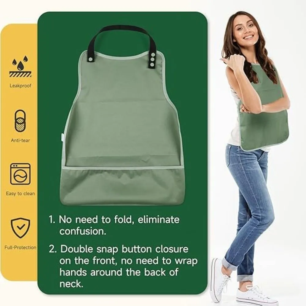 Waterproof Adult Bib Spill-Proof Easy Clean Adult Feeding Bib Reusable Adjustable Button Dining Clothing Protector Apron