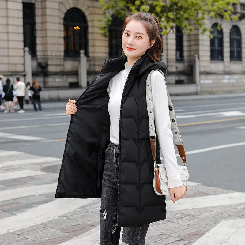 Outono Inverno Colete Mulheres Parkas Longo Com Capuz Sem Mangas Para Baixo Casaco De Algodão Grosso Quente Feminino Coletes Tops