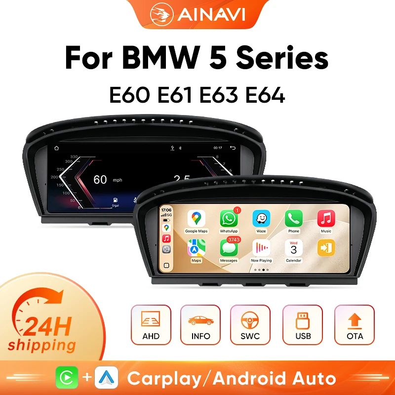 Autoradio AINAVI 9.3 pouces pour BMW E60 E61 MP5 GPS Carplay 2003-2010 Android Auto Multimédia HD IPS Écran tactile BT Stéréo auto