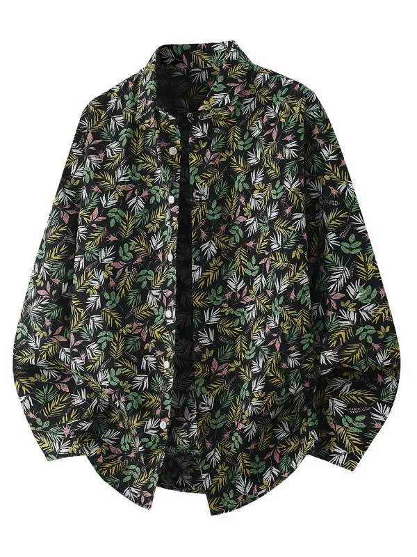 

Trendy Oversize Jungle Print Long Sve Collared Men's irt Spring Autumn Youth Faion Cotton Plant Floral Street Sle