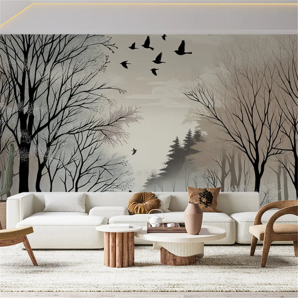 

Xuesu Customized wallpaper waterproof material, new Chinese-style forest, and bird imagery murals