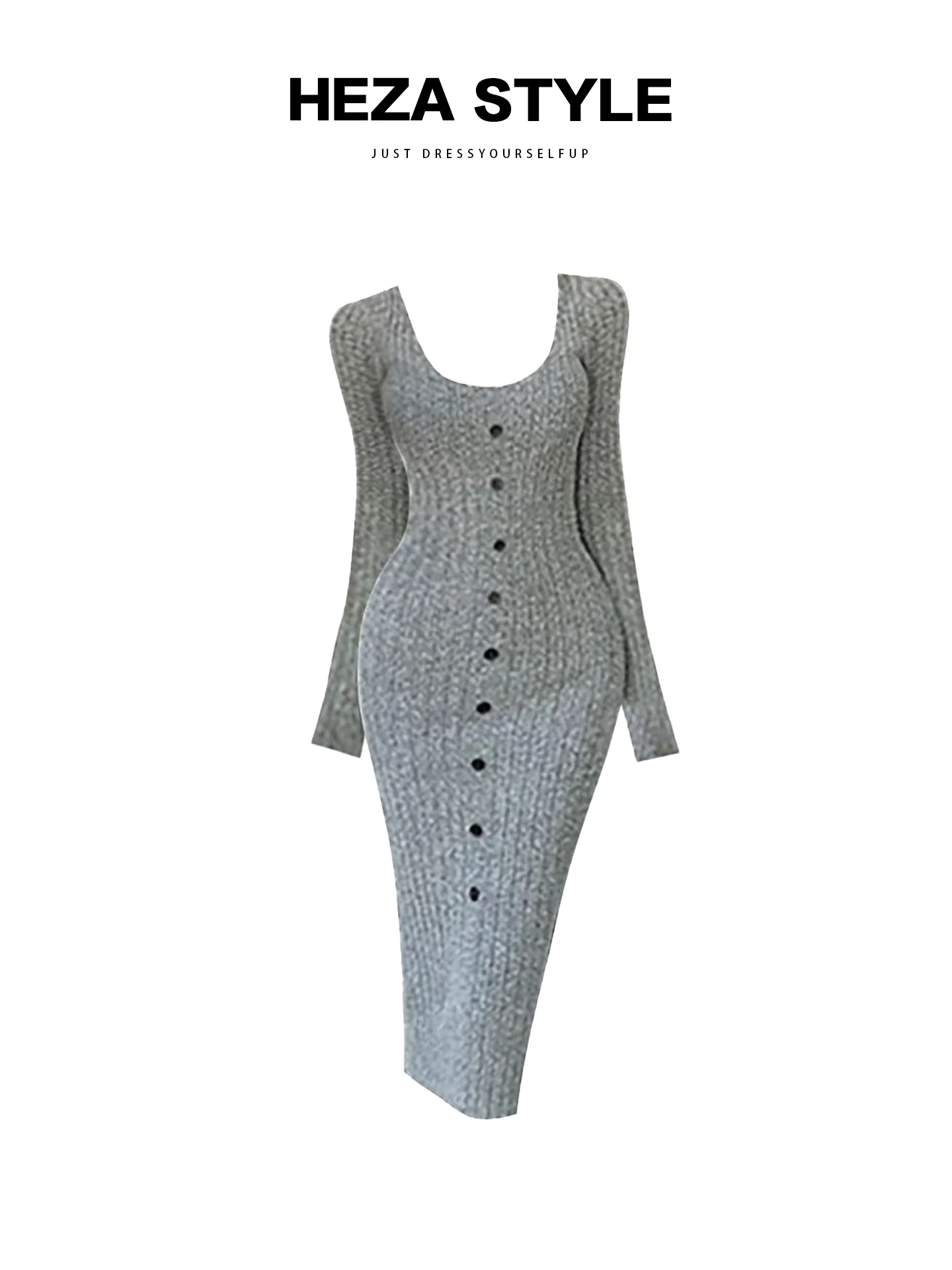 

HEZA Сексуальное облегающее вязаное платье для женщин: осенне-зимнее, теплое, с утягивающим эффектом на талии, базовый слой, юбка-миди, длинный рукав