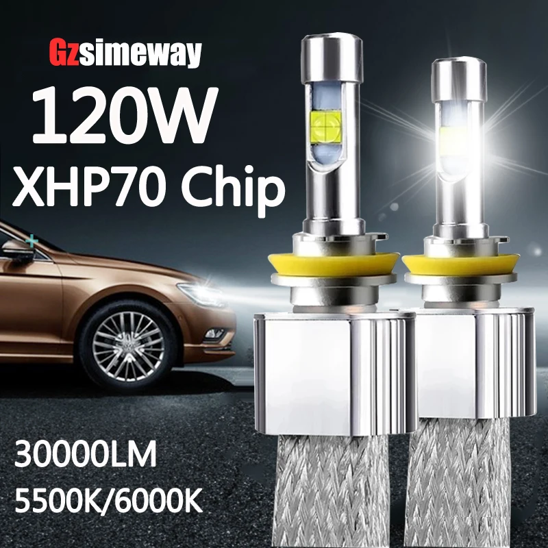 

2PCS H7 LED Light H4 H11 Fanless H8 H9 D2H 9006 HB4 9012 9005 HB3 Car Headlight Bulbs 120W 30000LM XHP70 Chip 5500K 6000K No Fan