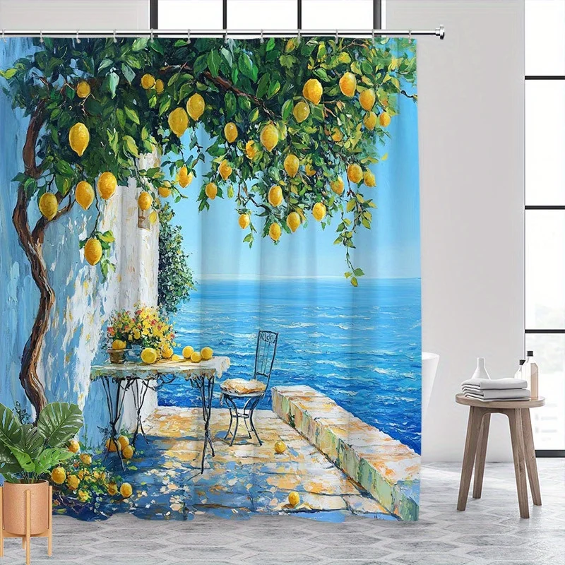 Lemon Tree Shower Curtain Mediterranean Sea View 3D Printed Waterproof Bathroom Decor Coastal Art Home Textile Design