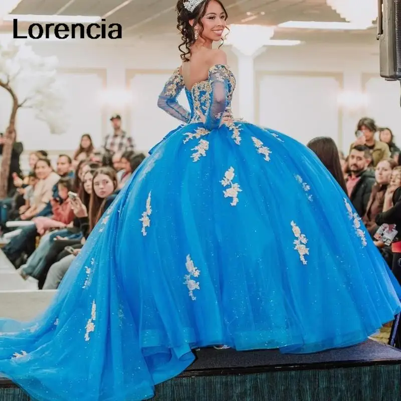 Lorencia-vestido De quinceañera azul brillante, manga larga desmontable, Apliques De encaje dorado, cuentas, México dulce 16, 15 Años, YQD614