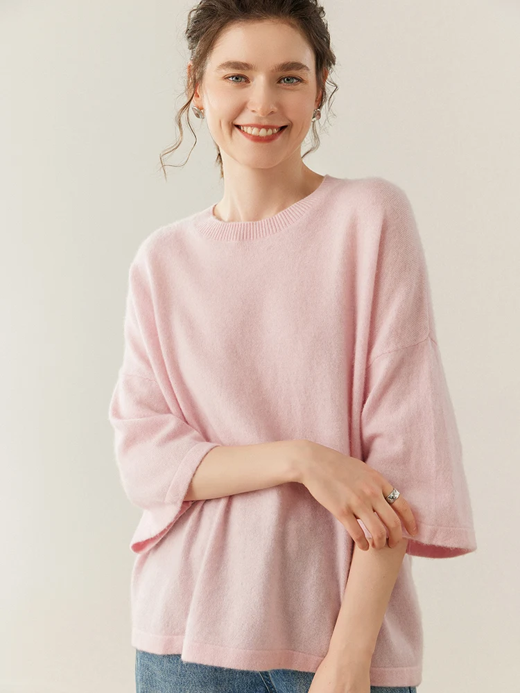 TLOML 신상 여성용 100% 캐시미어 스웨터 O넥 반소매 풀오버 심플 스타일 가을 겨울 부드러운 루즈핏 캐시미어 니트웨어 탑