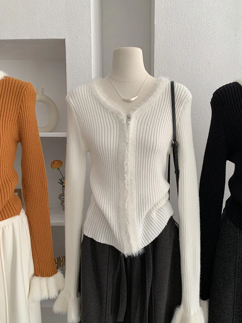 شيك تقسم طويلة الأكمام المرأة تريكو 2025 الخريف المرأة الخامس الرقبة سليم صالح سترة مشغولة من الصوف تنوعا الرجعية سستة سترة #3