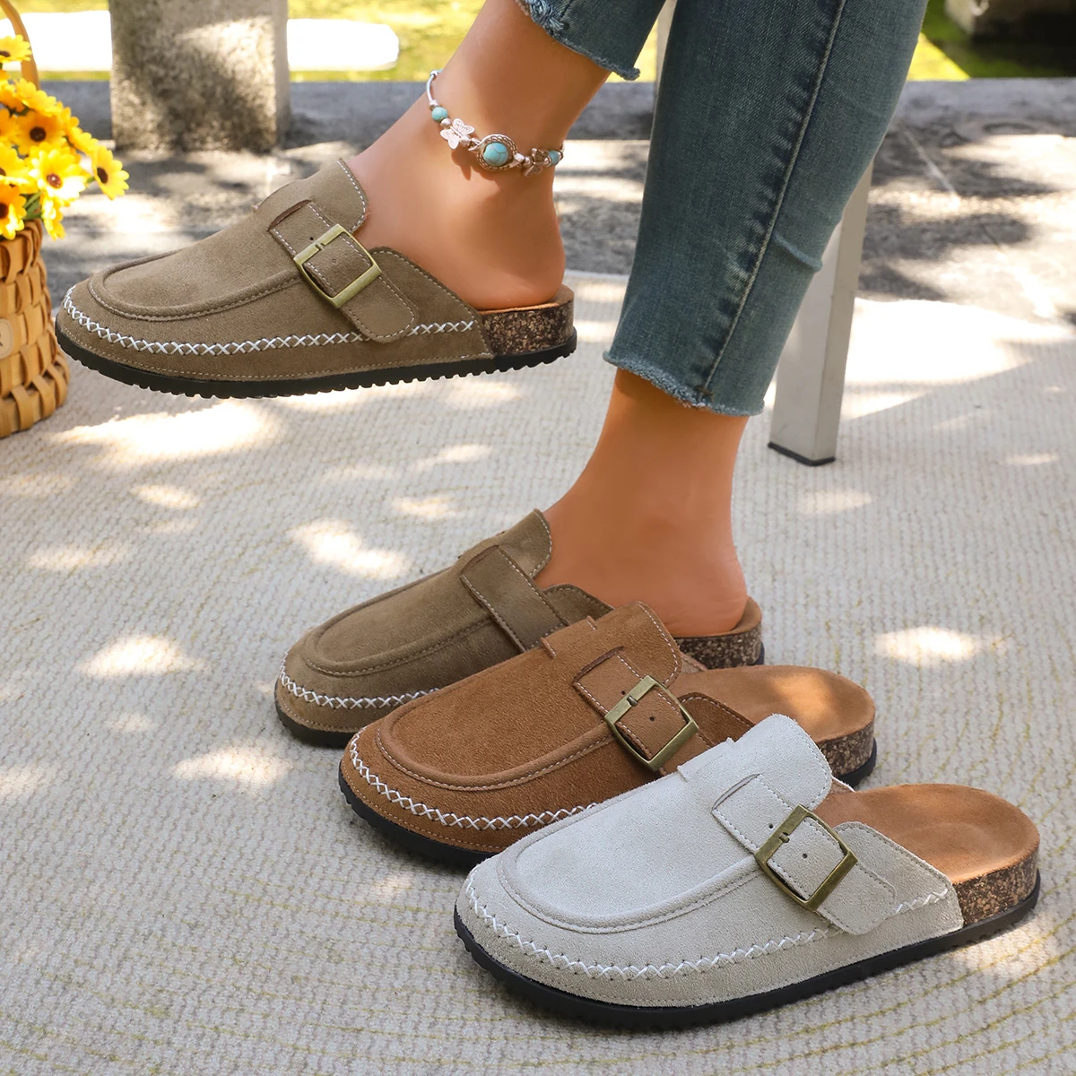 Fashion Casual Women Shoes New Cork Suede Mules Sandals Classic Cork Antislip Outdoor Slippers with Arch Support Slides Women
