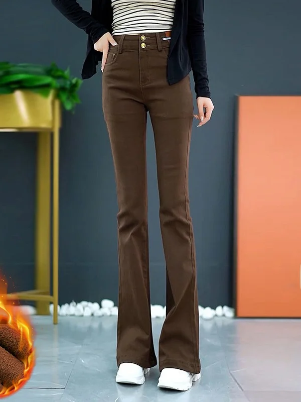 

Ce коричневые джинсы с подкладкой Fce, женские эластичные модные брюки с высокой талией, утягивающие повседневные зимние джинсовые брюки