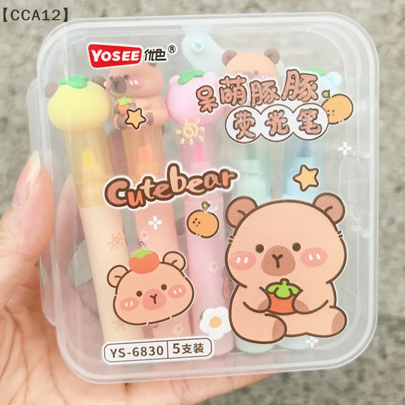 5Pcs/Set Cute Silicone Capybara Highlighter Pen Set Cartoon Art Fluorescent Markers Pens School Stationery Kids Gift