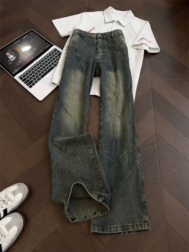 

American Retro Blue Pleated Flared Men's Slim High Waist Jeans High Street Design Sensation Workwear Denim Pants