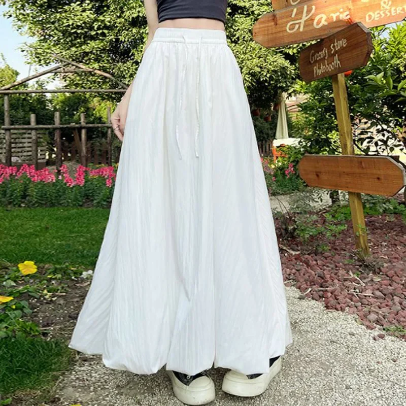 

Summer Korean Fashion Girls Ruched Mid-Long Skirts Female High Waist Thin Midi Dress Lady Comfortable Baggy Skirts