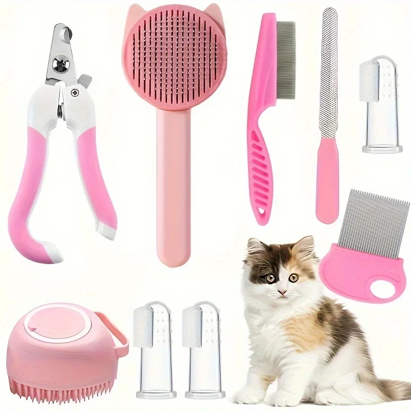 

8Pcs Cat Brush Beauty Kit With Pet Nail Clippers And Files Self-Cleaning Kit Flea Comb Pet Shampoo Bath Brush