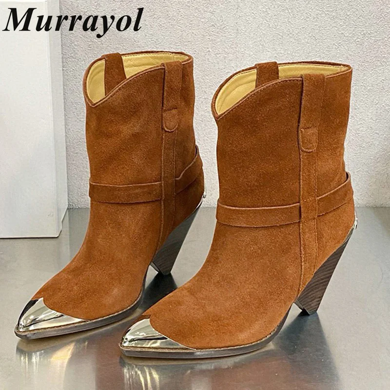 

Cow Suede Metal Decor Short Boots Women Pointed Toe Thick Heel Mid Calf Boots Spring Autumn Retro Chelsea Boots Runway Boots