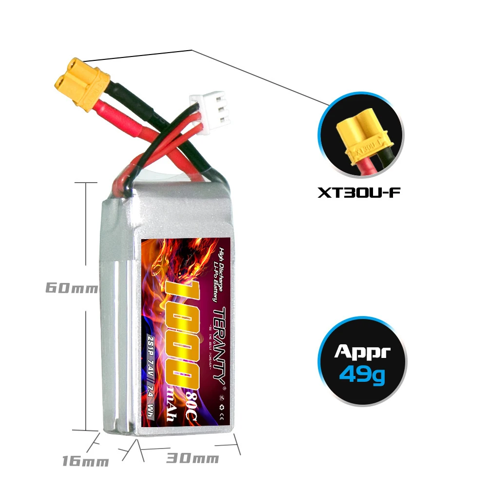 ترقية 80C/160C 7.4 فولت 1000 مللي أمبير بطارية ليبو ل RC FPV سباق مروحية لعبة بدون طيار كوادكوبتر قطع غيار TERANTY 2S بطارية طائرات بدون طيار