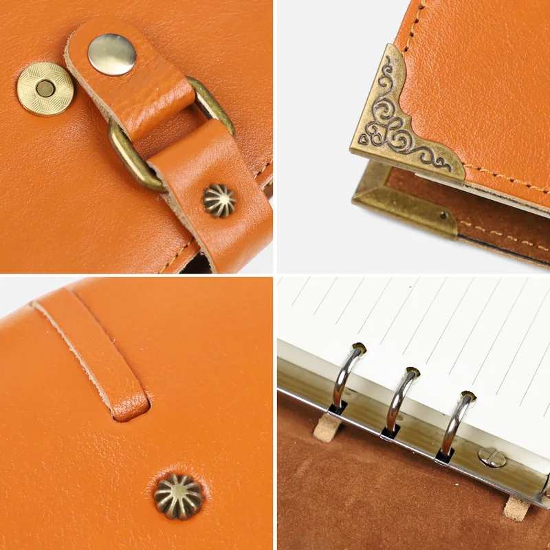 A5 Genuine Leather Notebook Cover 6-Ring Refillable Binder Handmade Cowhide Folio Organizer Office School Supplies