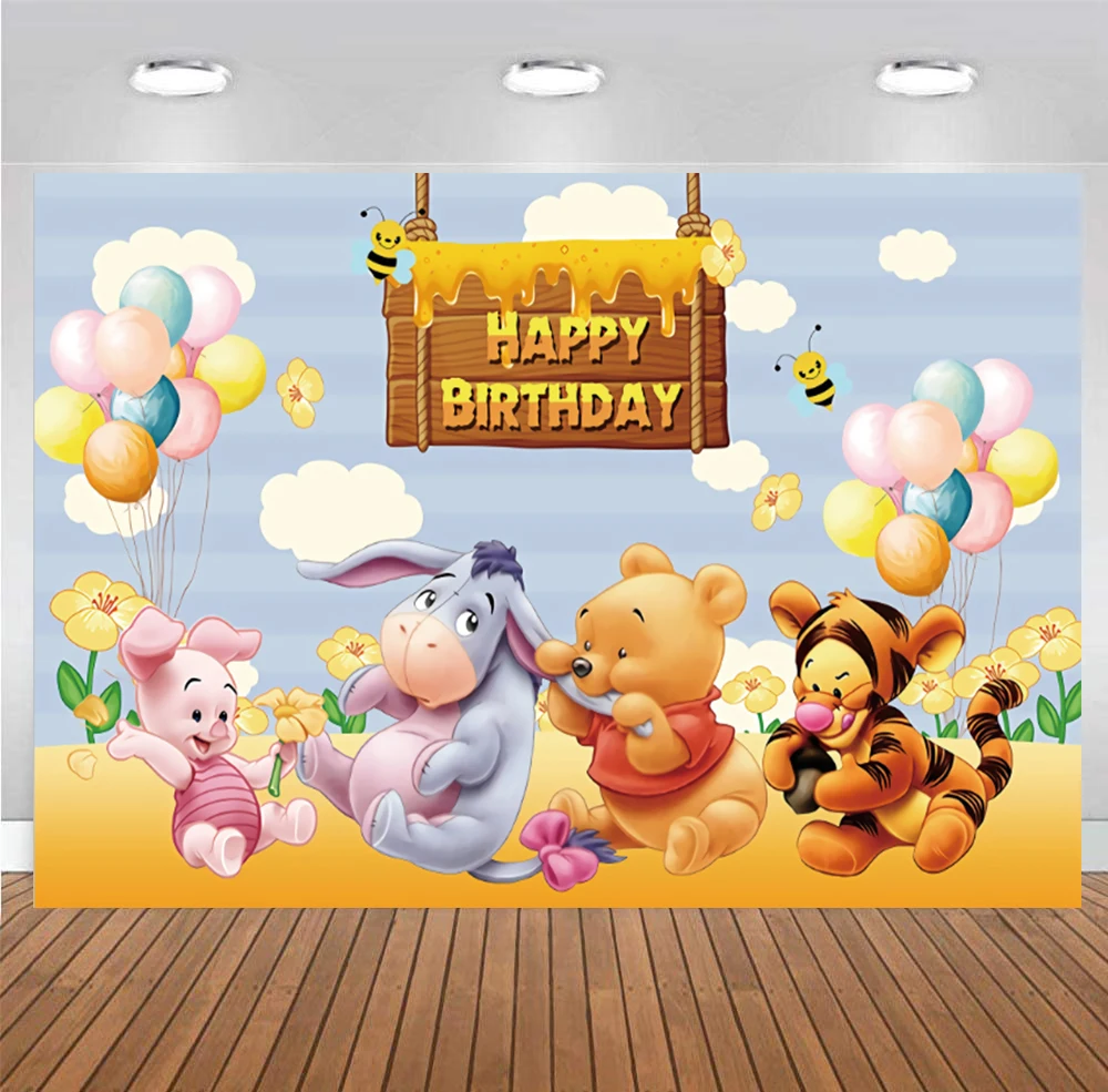

Winnie The Pooh Backdrop Bear Boy Happy Birthday Party Baby Shower 1st Photography Background Photo Banner Decoration