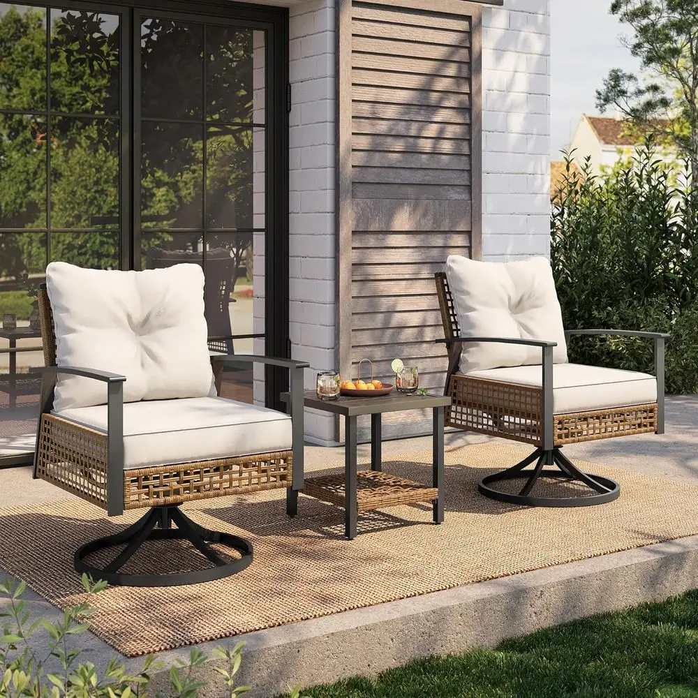2-Piece Wicker Rocking Chair Set with Coffee Table for Outdoor Patio, Beige Cushions Included