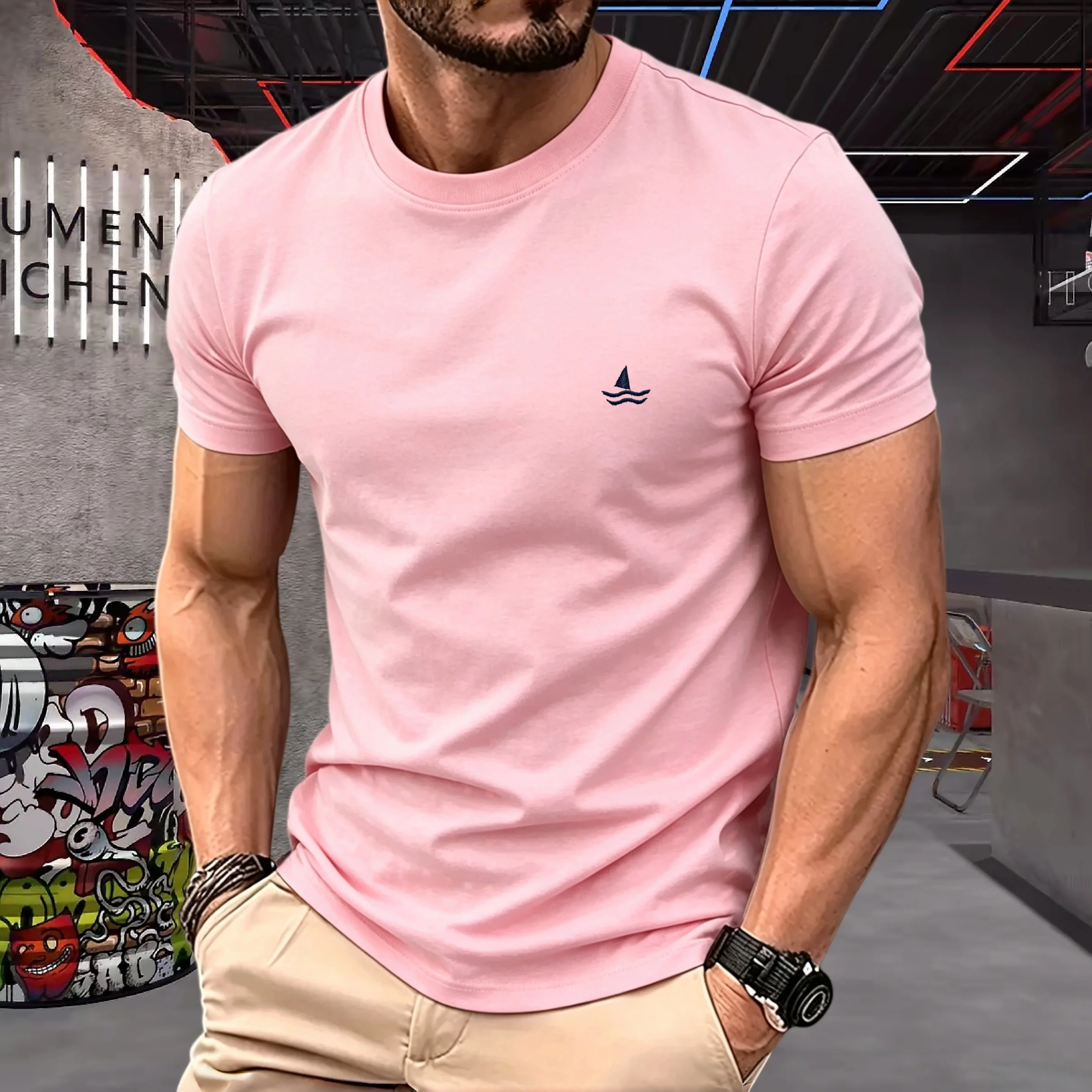 2026 Herren 100% Reine Baumwolle T-Shirt mit Segelboot-Stickerei Rundhals Kurzarm Lässige Sommer-Mode Oberteile – Detail 17