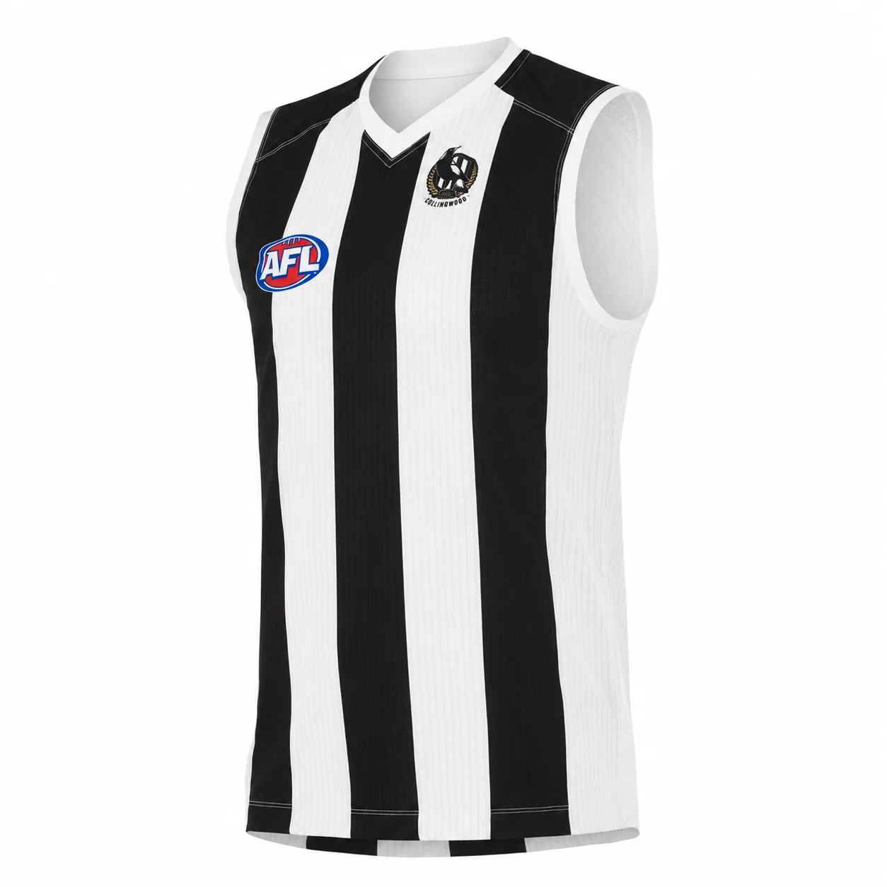 Collingwood Magpies, schwarzes und weißes Trikot für den australischen Fußball, Herrenmodell, ärmelloses Sportshirt mit V-Ausschnitt für das Training. – Detail 8