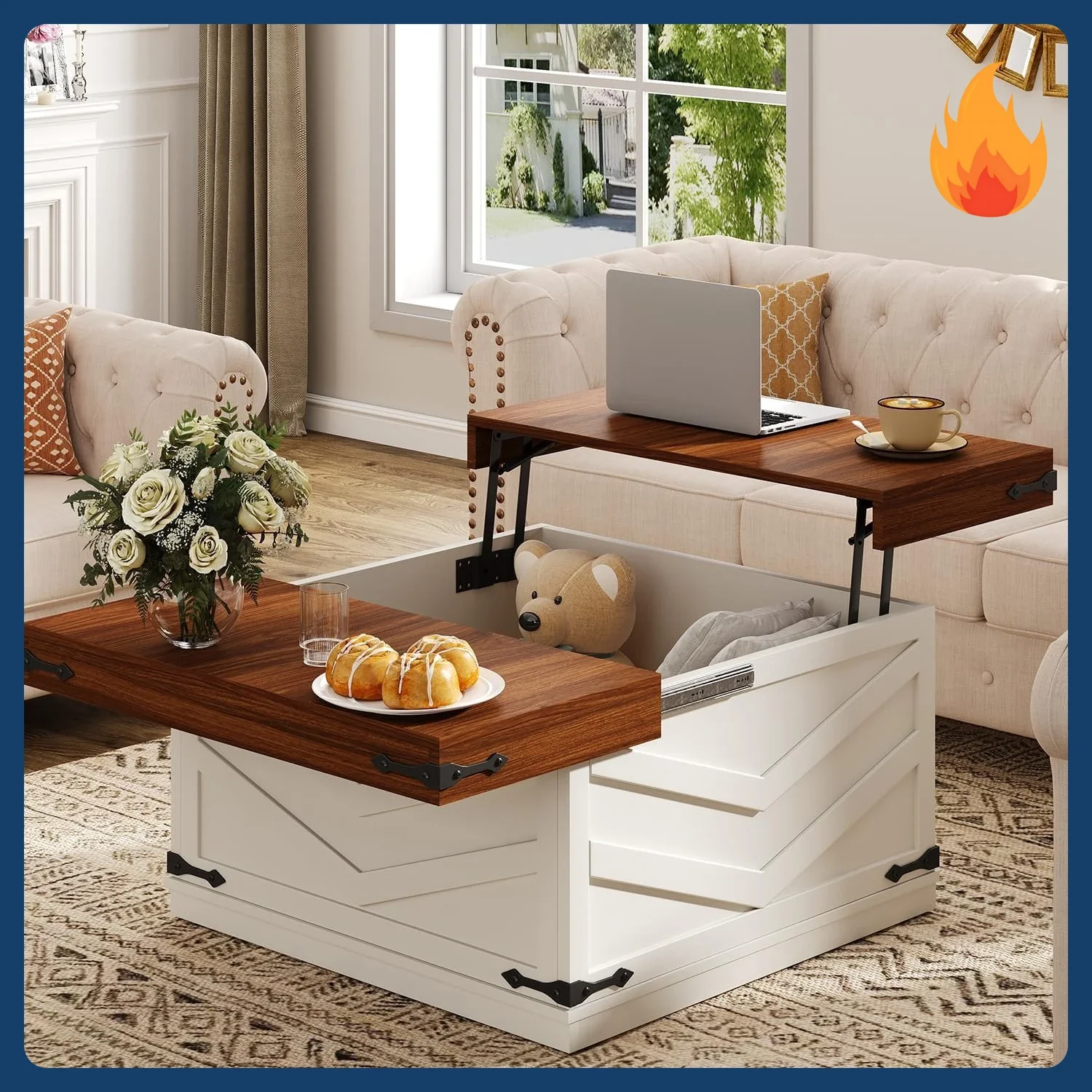 [New Arrival!]31.5'' Lift Top Coffee Table, Sliding Top Square Center Table with Large Hidden Storage Organizer, Multi-Functiona