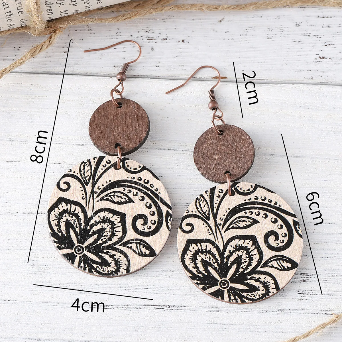 new bohemian stripe painted geometric round piece splicing pendant earrings cork double-sided old earrings