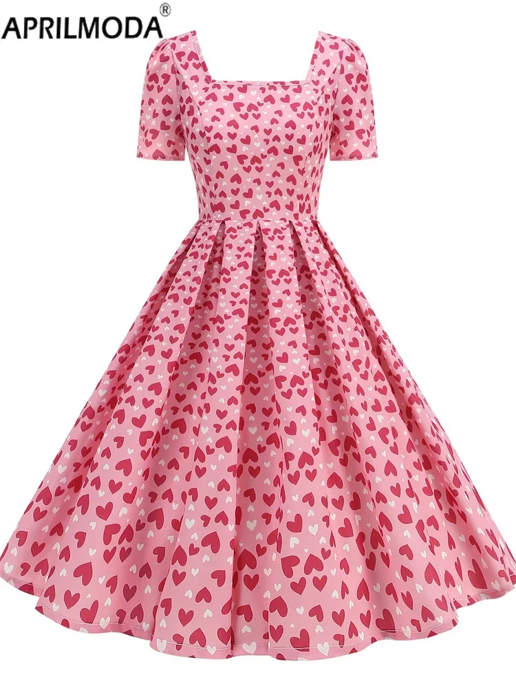 2025 Short Sleeve Summer Sweet Vintage Pleated Casual Dress Elegant Pink Heart Print High Waist A Line Flare Tea Dresses 1950s