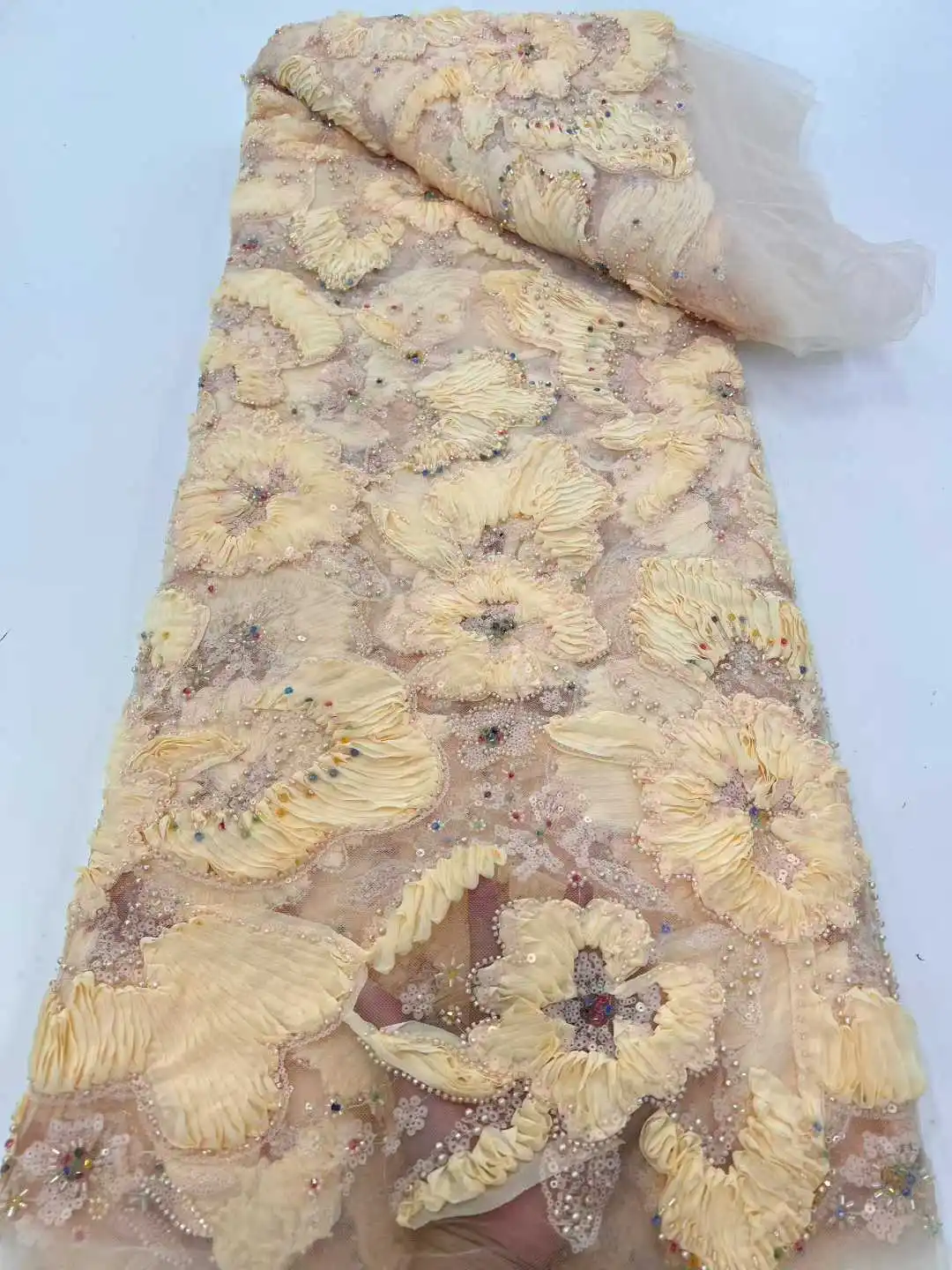 

New Hot Sale 2026 Tulle Lace Fabric With Beads Sequins for African Nigerian French High End Wedding Party Bride Sewing Dresses